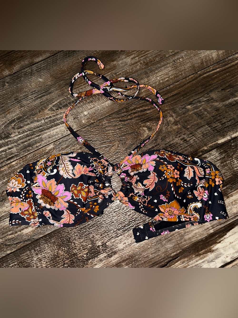 Xhilaration Navy Floral Bikini Top with Pink & Mustard Accents